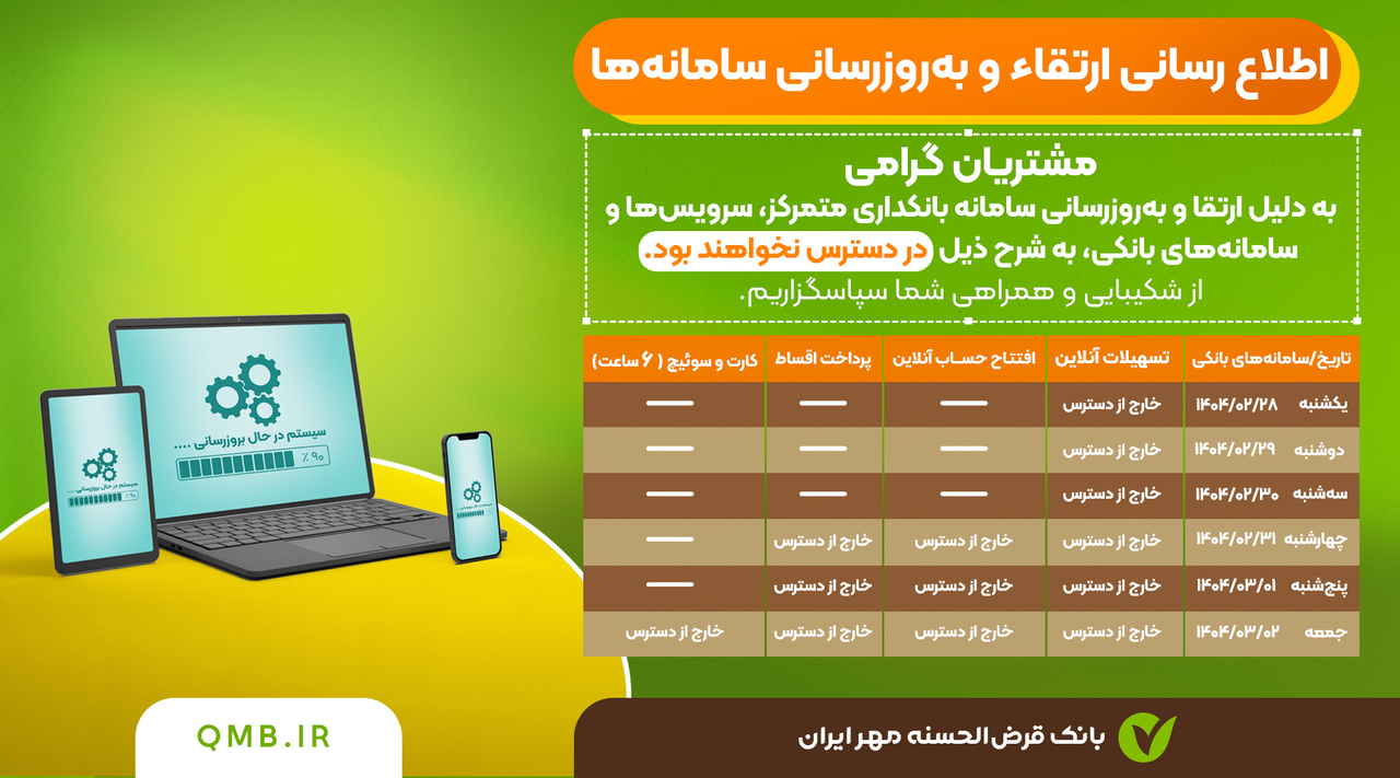 قطعی خدمات به‌علت ارتقای سامانه‌های بانک قرض‌الحسنه مهر ایران